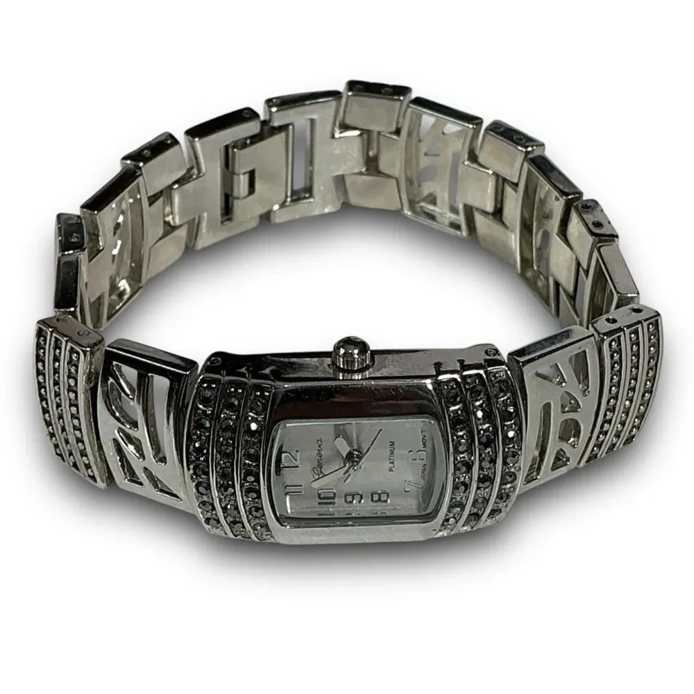 Geneva Y2K Vintage Platinum with Back & Crystal Rhinestones Tonneau Shaped Face